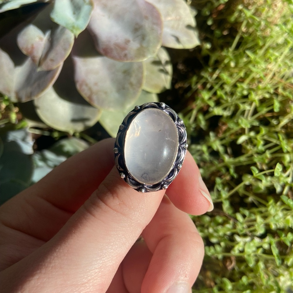 Silver plated brass rose quartz crystal gemstone ring size ~5-5 1/4